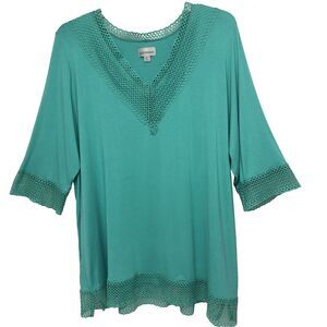 Catherines Pullover Tunic Top Womens Plus Size 2X Green Lace V Neck 3/4 Sleeve